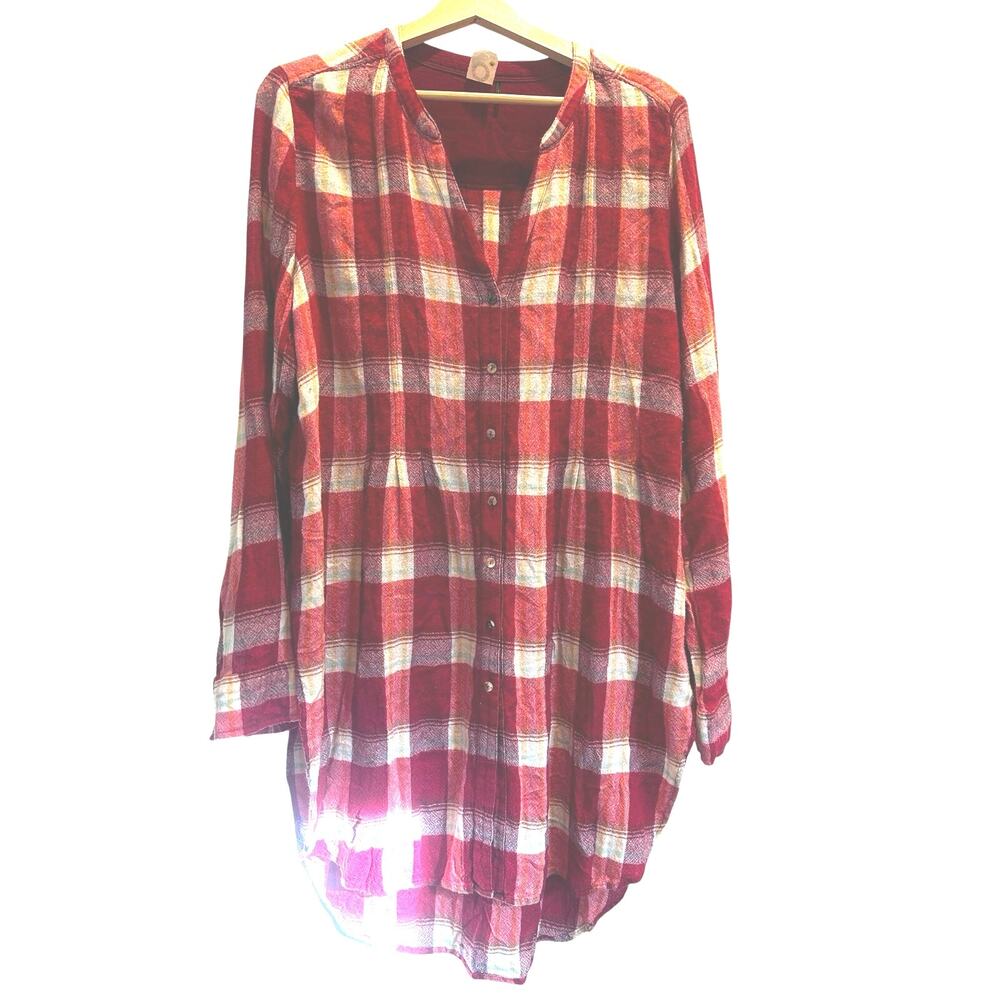 Akemi + Kin Red Plaid Tunic Top Anthropologie Oversized Boho Flannel Dress